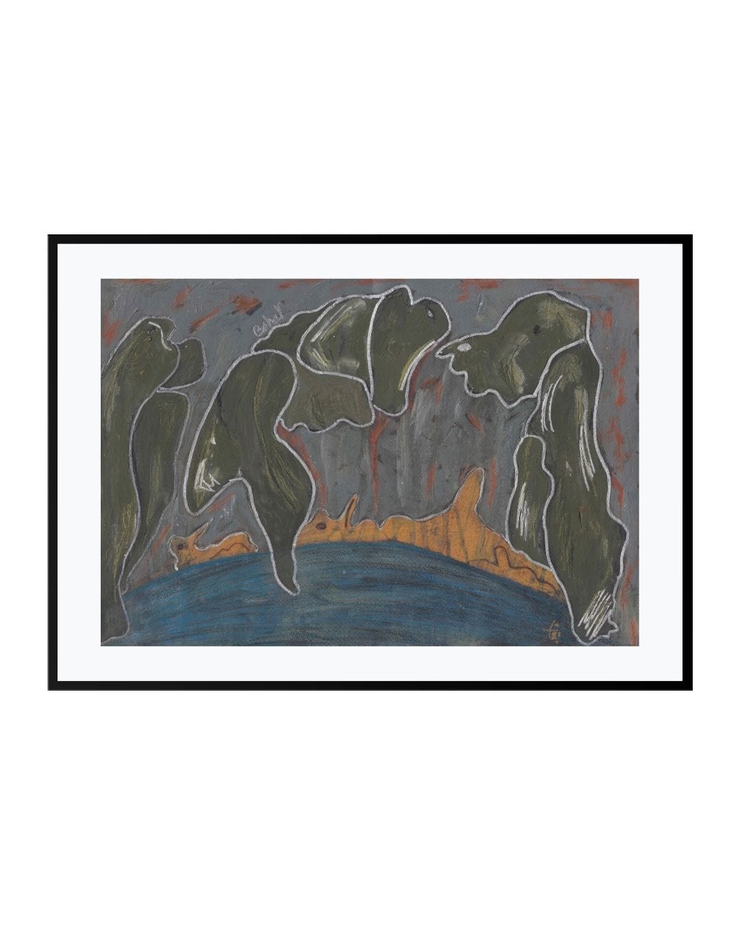 Expressionist painting titled "Beyond Fear," depicting two older women standing close in emotional solidarity
